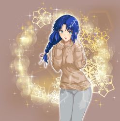 Rule 34 | 1girl, :p, alternate hairstyle, axia-chan, blue eyes, blue hair, blush, braid, elesia, highres, long braid, sleeves past wrists, solo, sparkle, sweater, tan background, tongue, tongue out, tsukihime, turtleneck, turtleneck sweater, v