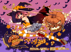Rule 34 | 1girl, blue eyes, candy, cat, checkerboard cookie, cookie, female focus, food, full body, halloween, jack-o&#039;-lantern, open mouth, original, pink hair, pumpkin, skirt, solo, striped clothes, striped thighhighs, takanashi ringo, thighhighs