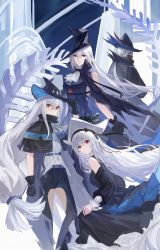 Rule 34 | 1boy, 3girls, absurdres, arknights, ascot, bare shoulders, black dress, black gloves, black headwear, clothing cutout, commentary, dress, from behind, gladiia (arknights), gloves, grey hair, hand on headwear, hat, high collar, highres, long hair, looking at viewer, looking back, low-tied long hair, mask, mouth mask, multiple girls, pointy ears, red eyes, skadi (arknights), skirt hold, smile, specter (arknights), specter the unchained (arknights), thigh cutout, ulpianus (arknights), very long hair, was775, white ascot