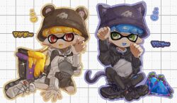 Rule 34 | 2boys, black headwear, blonde hair, blue hair, claw pose, commentary request, crossed legs, full body, green eyes, grid background, hat, heart, hwtr 06, inkling, inkling boy, inkling player character, multiple boys, nintendo, open mouth, paw pose, pointy ears, red eyes, short hair, simple background, sitting, slosher (splatoon), splat bomb (splatoon), splatoon (series), splatoon 3, tentacle hair, translation request, white background