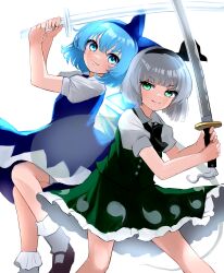 Rule 34 | 2girls, absurdres, black bow, black bowtie, black footwear, black hairband, blue dress, blue hair, bow, bowtie, cirno, closed mouth, commentary, crystal sword, detached wings, dress, ghost, ghost print, green eyes, green skirt, grey hair, hairband, highres, holding, holding sword, holding weapon, ice, ice wings, katana, konpaku youmu, konpaku youmu (ghost), looking at viewer, mikan (manmarumikan), multiple girls, short hair, short sleeves, simple background, skirt, skirt set, smile, socks, sword, touhou, v-shaped eyebrows, weapon, white background, white socks, wings