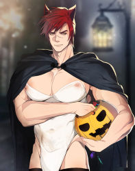 Rule 34 | 1boy, abs, animal ears, bara, biceps, blurry, blurry background, candy, cape, covered erect nipples, food, halloween, halloween costume, lamp, large pectorals, league of legends, light particles, looking at viewer, male focus, manly, mature male, mobxsett, muscular, muscular male, outdoors, pectorals, pumpkin, red eyes, red hair, scar, scar on face, sett (league of legends), short hair, solo, spiked hair, stomach tattoo, tattoo, tight clothes