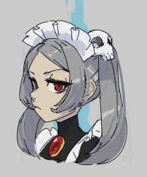 Rule 34 | 1girl, apron, bloody marie (skullgirls), brooch, eu03, frilled apron, frills, grey background, grey hair, hair ornament, jewelry, looking at viewer, maid headdress, portrait, red eyes, skull hair ornament, skullgirls, solo, twintails