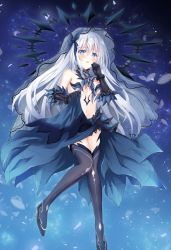 Rule 34 | 1girl, absurdres, artina, black gloves, blue background, blue eyes, blue skirt, blush, boots, breasts, date a live, elbow gloves, floating hair, gloves, grey thighhighs, hair between eyes, highres, long hair, medium breasts, midriff, navel, open mouth, skirt, skirt hold, solo, stomach, thigh boots, thighhighs, tobiichi origami, veil, very long hair, white hair