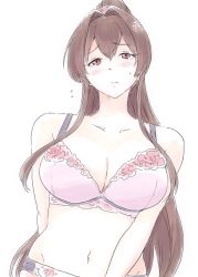 Rule 34 | 1girl, blush, bra, breasts, brown hair, cleavage, collarbone, hair intakes, hair petal, highres, kantai collection, large breasts, looking at viewer, panties, pink bra, pink eyes, pink panties, ponytail, simple background, solo, underwear, upper body, vent arbre, white background, yamato (kancolle)