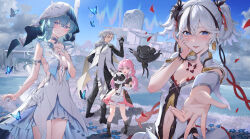 1boy 3girls aalto_(wuthering_waves) absurdres armlet black_eyes black_flower black_gloves black_pants black_ribbon black_shirt blake_bloom_(wuthering_waves) blue_butterfly blue_eyes blue_nails blue_sky blue_veil blush breasts bug butterfly camellya_(wuthering_waves) chamaru5963 closed_mouth clothing_cutout cloudy_(wuthering_waves) coat collar collarbone colored_eyelashes commentary_request cosmos_(wuthering_waves) cowboy_shot dress encore_(wuthering_waves) fingerless_gloves flower flower-shaped_pupils flower_on_chest gloves grin hair_between_eyes hair_flower hair_ornament hair_ribbon hair_vines highres insect jewelry long_hair looking_at_viewer medium_breasts multiple_girls nail_polish navel open_mouth outdoors pants pink_hair pink_pupils pink_skirt purple_eyes reaching reaching_towards_viewer red_petals red_pupils red_ribbon ribbon shirt shorekeeper_(wuthering_waves) skirt sky smile stomach_cutout stuffed_animal stuffed_toy symbol-shaped_pupils two-tone_veil veil white_coat white_collar white_dress white_hair white_veil wuthering_waves