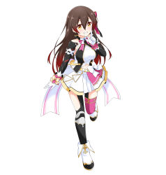 Rule 34 | 1girl, absurdres, asymmetrical legwear, belt, black socks, bow, bowtie, brown hair, detached sleeves, felutiahime, finger to mouth, gloves, gradient hair, grin, hair between eyes, hair bow, highres, hololive, hololive idol uniform, idol, idol clothes, long hair, looking at viewer, midriff, mismatched legwear, multicolored hair, navel, official alternate costume, pink bow, pink thighhighs, pleated skirt, red hair, roboco-san, shirt, shoes, simple background, skirt, sleeveless, sleeveless shirt, smile, socks, solo, standing, standing on one leg, thighhighs, two-tone hair, virtual youtuber, white background, white footwear, white gloves, white shirt, white skirt, yellow eyes
