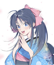 Rule 34 | 1girl, :d, blue eyes, blue hair, blue kimono, blush, commentary request, falling petals, floral print, hair ribbon, high ponytail, highres, japanese clothes, kamiya kaoru, kimono, long hair, long sleeves, looking at viewer, natsu mikan (level9), obi, open mouth, own hands together, petals, pink ribbon, print kimono, ribbon, rurouni kenshin, sash, simple background, smile, solo, teeth, upper body, upper teeth only, wide sleeves