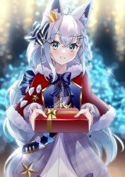 Rule 34 | 1girl, ahoge, aica 61, animal ear fluff, animal ears, blurry, blurry background, blush, box, braid, capelet, commentary request, crown, dress, earrings, fox ears, fox girl, fur-trimmed capelet, fur trim, gift, gift box, green eyes, grey dress, grin, hair between eyes, hair ribbon, highres, holding, holding gift, hololive, jewelry, long hair, looking at viewer, mini crown, outstretched arms, red capelet, ribbon, shirakami fubuki, sidelocks, single braid, smile, solo, virtual youtuber, white dress, white hair