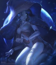 Rule 34 | 1girl, blue eyes, blue hair, blue skin, blue theme, chest jewel, colored skin, doll joints, elden ring, extra arms, full moon, glowing, glowing eye, hat, highres, joints, kardie, kneeling, moon, night, one eye closed, ranni the witch, solo, witch, witch hat