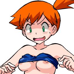 Rule 34 | 1girl, bare shoulders, bikini, blue bikini, blush, breasts, collarbone, constricted pupils, creatures (company), embarrassed, female focus, game freak, gomatarou (pixiv196136), green eyes, hair tie, hands up, jaggy lines, looking down, lowres, misty (pokemon), nintendo, nipple slip, nipples, open mouth, orange hair, pokemon, pokemon (anime), pokemon sm (anime), short hair, side ponytail, simple background, small breasts, solo, strapless, strapless bikini, surprised, sweat, swimsuit, upper body, v-shaped eyebrows, wardrobe malfunction, wavy mouth, white background, wide-eyed