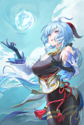 Rule 34 | 1girl, ahoge, bare shoulders, bell, black pantyhose, blue gloves, blue hair, bodystocking, bodysuit, breasts, chinese knot, clothes lift, covered erect nipples, covered navel, detached sleeves, flower knot, ganyu (genshin impact), genshin impact, gloves, gold trim, groin, highres, horns, long hair, looking at another, low ponytail, medium breasts, neck bell, nooo, open mouth, orb, pantyhose, pelvic curtain, pelvic curtain lift, purple eyes, qilin (mythology), sidelocks, solo, tassel, thighlet, thighs, vision (genshin impact), waist cape, white sleeves, wind, wind lift