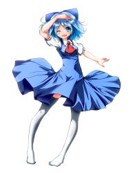 Rule 34 | 1girl, arm up, bad id, bad pixiv id, blue bow, blue dress, blue eyes, blue hair, blush, bow, breasts, cirno, colorized, dress, female focus, full body, hair bow, highres, legs, looking at viewer, matching hair/eyes, medium breasts, neko neko koneko, no shoes, one eye closed, outstretched arm, puffy short sleeves, puffy sleeves, short hair, short sleeves, simple background, small breasts, smile, solo, standing, thighhighs, touhou, white background, white thighhighs, wink