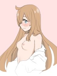 Rule 34 | 1girl, ahoge, bare shoulders, blue eyes, blush, breasts, brown hair, commentary, cropped torso, diamond-shaped pupils, diamond (shape), embarrassed, from side, hair over one eye, kiratto pri chan, long hair, looking to the side, naked shirt, nijinosaki dia, nipples, no bra, off shoulder, open clothes, open shirt, pink background, pretty series, rn10r, shirt, simple background, sleeves past fingers, sleeves past wrists, small breasts, solo, stomach, sweatdrop, symbol-shaped pupils, two-tone background, upper body, very long hair, wavy mouth, white background, white shirt