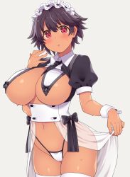 Rule 34 | 1girl, amane hasuhito, bad id, bad pixiv id, between breasts, black hair, black necktie, blush, breast curtains, breasts, commentary request, dark-skinned female, dark skin, frilled hairband, frills, grey background, hairband, highres, large breasts, looking at viewer, maid, maid headdress, navel, necktie, necktie between breasts, original, panties, puffy short sleeves, puffy sleeves, red eyes, short hair, short sleeves, simple background, solo, sweat, thighs, underwear, white panties