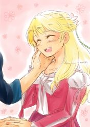 Rule 34 | 1boy, 1girl, blonde hair, blush, breasts, claire bennett, dress, closed eyes, flower, long hair, open mouth, pink background, ribbon, tales of (series), tales of rebirth, veigue lungberg