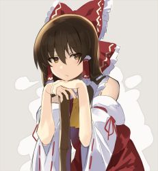 Rule 34 | 1girl, ascot, bare shoulders, blush, bow, broom, brown eyes, brown hair, commentary request, cowboy shot, detached sleeves, falken (yutozin), frilled bow, frilled shirt collar, frills, grey background, hair between eyes, hair bow, hair tubes, hakurei reimu, hand rest, head rest, highres, long hair, long sleeves, looking at viewer, one-hour drawing challenge, red bow, red skirt, sidelocks, simple background, skirt, skirt set, solo, touhou, wide sleeves, yellow ascot