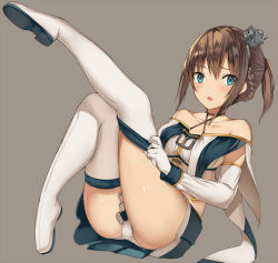 Rule 34 | 1girl, adjusting clothes, anchor, azur lane, bare shoulders, blue eyes, blue skirt, blush, braid, brown hair, cannon, collarbone, french braid, gloves, grey background, halterneck, hat, kureha (ironika), legs, looking at viewer, machinery, midriff, mini hat, miniskirt, navel, one side up, pleated skirt, repulse (azur lane), short hair, simple background, skirt, smile, smokestack, solo, thighhighs, white gloves, white thighhighs, zettai ryouiki