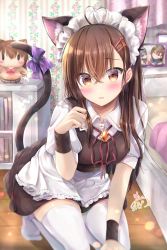 Rule 34 | 1girl, ahoge, animal ear fluff, animal ears, apron, black dress, blurry, blurry background, blush, book, bookshelf, bow, breasts, brooch, brown eyes, brown hair, cat ears, cat girl, cat tail, character doll, collared shirt, commentary request, depth of field, dress, frilled apron, frills, hair ornament, hairclip, heart, heart ahoge, heart hair ornament, highres, indoors, jewelry, kneeling, long hair, looking at viewer, maid, maid headdress, maruma (maruma gic), medium breasts, neck ribbon, no shoes, original, parted lips, paw pose, photo (object), puffy short sleeves, puffy sleeves, purple bow, red ribbon, ribbon, shirt, short sleeves, signature, sleeveless, sleeveless dress, solo, sweat, tail, tail bow, tail ornament, tail raised, thighhighs, very long hair, waist apron, white apron, white shirt, white thighhighs, wooden floor, wrist cuffs