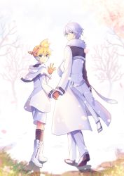 Rule 34 | 2boys, belt, black socks, blonde hair, blue eyes, blue hair, boots, capelet, coat, commentary, diamond dust (module), earmuffs, falling petals, from behind, fur-trimmed capelet, fur-trimmed coat, fur trim, gloves, holding hands, ice fog (module), kagamine len, kaito (vocaloid), kneehighs, looking at viewer, looking back, male focus, multiple boys, outdoors, pants, petals, project diva (series), short ponytail, shorts, snow, socks, spiked hair, tree, vocaloid, waving, white capelet, white coat, white footwear, white pants, white shorts