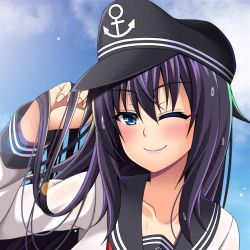 Rule 34 | 1girl, ;), akatsuki (kancolle), alternate breast size, anchor symbol, arm up, black hat, breasts, collarbone, hat, kantai collection, large breasts, long hair, long sleeves, militia minpei, one eye closed, purple eyes, purple hair, replaceme, school uniform, skirt, smile, solo