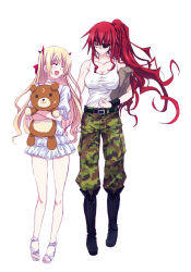 Rule 34 | 2girls, :d, ^ ^, arm ribbon, bag, bare shoulders, belt, blonde hair, blush, boots, breasts, camouflage, camouflage pants, choker, christiane friedrich, cleavage, closed eyes, combat boots, crescent, cross-laced footwear, crossed arms, dress, eyepatch, feet, floating hair, frilled dress, frills, hair ribbon, happy, holding, hugging doll, hugging object, knee boots, lace, lace-trimmed dress, lace trim, large breasts, laughing, legs, light smile, lolita fashion, long hair, maji de watashi ni koi shinasai!, margit eberbach, multiple girls, muscular, open mouth, pants, paper bag, parted bangs, pigeon-toed, pleated dress, puffy short sleeves, puffy sleeves, red eyes, red hair, ribbon, sandals, scar, short dress, short sleeves, side ponytail, simple background, skirt, smile, stuffed animal, stuffed toy, sumegari hamao, sumeragi hamao, tank top, taut clothes, teddy bear, twintails, two side up, very long hair, wavy hair, white background, white skirt, wristband