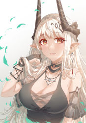 Rule 34 | 1girl, absurdres, arknights, bare shoulders, black choker, black dress, breasts, choker, commentary request, dress, eyeshadow, gradient background, grey background, hand up, highres, horns, infection monitor (arknights), innoarukugyou, large breasts, makeup, mudrock (arknights), mudrock (obsidian) (arknights), official alternate costume, pointy ears, red eyes, solo, upper body, white background, white hair