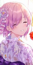 Rule 34 | 1girl, :d, alternate costume, artist name, blush, candy apple, closed eyes, commentary, day, fate/grand order, fate (series), festival, floral print, flower, flower request, food, from behind, hair flower, hair ornament, hair over one eye, japanese clothes, kimono, kuroki (ma-na-tu), looking at viewer, looking back, mash kyrielight, obi, one eye covered, open mouth, outdoors, pink hair, print kimono, sash, short hair, signature, smile, solo, stick, summer, swept bangs, tanabata, tanzaku, upper body, white background, yukata