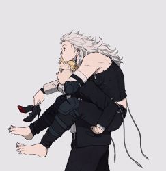Rule 34 | 1boy, 1girl, barefoot, black nails, black pants, black shirt, blonde hair, bracer, carrying, closed mouth, commentary request, dorohedoro, ear piercing, earrings, elbow pads, unworn footwear, from side, glasses, grey background, grey hair, high heels, highres, jewelry, knee pads, long hair, muscular, muscular female, nail polish, noi (dorohedoro), pants, patchwork skin, piercing, piggyback, profile, red eyes, shin (dorohedoro), shirt, shoes, unworn shoes, short hair, simple background, strapless, strapless shirt, toenail polish, toenails, uei (uei73661268), very short hair