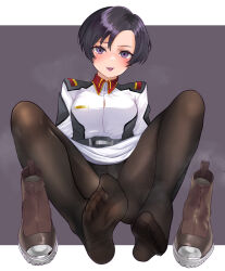 Rule 34 | 1girl, asymmetrical bangs, belt, blush, boots, breasts, brown footwear, brown pantyhose, character request, check character, collared dress, commentary request, dress, feet, foot focus, full body, gold trim, grey dress, gundam, gundam seed, highres, knees up, leaning back, legs, lips, long sleeves, looking at viewer, lumina (artist), medium breasts, military uniform, natarle badgiruel, no shoes, open mouth, panties, panties under pantyhose, pantyhose, parted bangs, purple eyes, purple hair, short hair, smell, soles, steaming body, teeth, toes, two-tone dress, underwear, uniform, unworn boots, upper teeth only, white dress