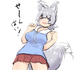 Rule 34 | 1girl, afterimage, animal ears, bare arms, bare shoulders, blue eyes, blue shirt, breasts, collarbone, commentary request, ear wiggle, fang, fox ears, fox girl, fox tail, gluteal fold, grey hair, hands up, large breasts, open mouth, original, pleated skirt, red skirt, shirt, short hair, simple background, skirt, sleeveless, sleeveless shirt, solo, tail, tail wagging, thick eyebrows, translation request, u-non (annon&#039;an), white background