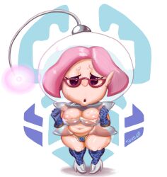 Rule 34 | 1girl, :o, artist name, belly, breasts, brittany (pikmin), cameltoe, curvy, glasses, gloves, helmet, high heels, highres, kneehighs, large breasts, long nose, mob face, navel, nintendo, nipples, pikmin (series), pikmin 3, pink hair, plump, pointy ears, pointy nose, see-through, shiny skin, shortstack, shoulder pads, skitterleaf, socks, sweat, thick thighs, thighs, wide hips