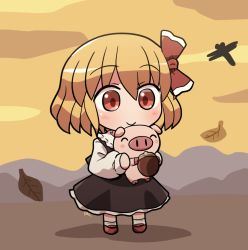 Rule 34 | 1girl, ^ ^, bow, chestnut, closed eyes, closed mouth, falling leaves, full body, hair bow, holding, leaf, long sleeves, outdoors, pig, red bow, red eyes, red footwear, rokugou daisuke, rumia, signature, smile, standing, touhou, touhou cannonball, white legwear