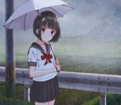 Rule 34 | 1girl, absurdres, bad id, bad pixiv id, black hair, black skirt, blush, bob cut, bow, bowtie, brown eyes, closed mouth, collarbone, guard rail, highres, holding, holding umbrella, huge filesize, looking at viewer, original, outdoors, rain, red bow, red bowtie, short hair, short sleeves, skirt, smile, solo, tanbonota46, umbrella
