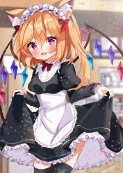 Rule 34 | 1girl, absurdres, alternate costume, animal ear fluff, animal ears, apron, black thighhighs, blonde hair, blurry, blurry background, blush, bow, bowtie, breasts, cowboy shot, crystal, depth of field, enmaided, fang, flandre scarlet, frilled apron, frilled skirt, frills, happy, head tilt, heart, highres, indoors, iris (airisu495), juliet sleeves, long hair, long sleeves, looking at viewer, maid, maid headdress, multicolored wings, one side up, open mouth, puffy sleeves, red bow, red bowtie, red eyes, skin fang, skirt, skirt hold, small breasts, solo, thighhighs, touhou, waist apron, white apron, wings, zettai ryouiki