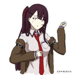 Rule 34 | 1girl, absurdres, alternate costume, crossover, exonessis, girls&#039; frontline, highres, jacket, long sleeves, looking at viewer, makise kurisu, purple hair, red neckwear, side ponytail, simple background, solo, steins;gate, trait connection, upper body, wa2000 (girls&#039; frontline), white background