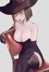 Rule 34 | 1girl, absurdres, black dress, black hat, bob cut, breasts, chair, cleavage, dress, hat, highres, kahnapuf, large breasts, looking at viewer, meitantei conan, short dress, sitting, suzuki sonoko, witch, witch hat