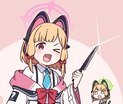 Rule 34 | 2girls, animal ear headphones, animal ears, blonde hair, blue archive, blue bow, blue necktie, blush, bow, cat tail, collared shirt, commentary, death momoi (meme), fake animal ears, green halo, hair bow, halo, headphones, holding, holding knife, jacket, knife, long sleeves, meme, midori (blue archive), momoi (blue archive), multiple girls, nako775, necktie, one eye closed, open mouth, pink halo, red bow, red eyes, shirt, short hair, siblings, sisters, smile, tail, twins, white jacket, white shirt, wide sleeves