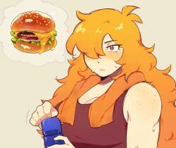 Rule 34 | 1girl, blush, bottle, breasts, brown tank top, burger, cleavage, commentary, english commentary, firemauer, food, freckles, hair over one eye, large breasts, long hair, nerd and jock, orange eyes, orange hair, solo, sweat, tank top, thought bubble, tiger (nerd and jock), toned, towel, towel around neck, water bottle
