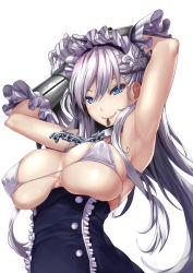 Rule 34 | 1girl, armpits, arms up, azur lane, belfast (azur lane), bikini, bikini top only, blue eyes, breasts, bursting breasts, chain, closed mouth, collar, covered erect nipples, gauntlets, halterneck, hasaya, highres, large breasts, long hair, maid headdress, mouth hold, silver hair, simple background, skindentation, smile, solo, swimsuit, upper body, very long hair, white background, white bikini