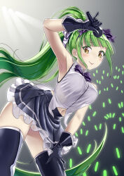 Rule 34 | 1girl, :p, alternate costume, arm up, armpits, azur lane, black gloves, black skirt, black thighhighs, bow, bowtie, danbora, dress, frilled skirt, frills, gloves, glowstick, green hair, hair bow, hand on own thigh, high ponytail, highres, holding, holding microphone, idol, idol clothes, long hair, looking at viewer, microphone, midriff, navel, penlight (glowstick), pleated skirt, purple bow, purple bowtie, shropshire (azur lane), skirt, sleeveless, sleeveless dress, solo, taut clothes, tented shirt, thighhighs, tongue, tongue out, very long hair, yellow eyes