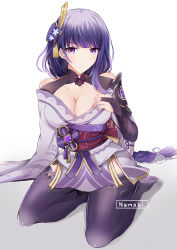 Rule 34 | 1girl, absurdres, armor, artist name, bare shoulders, braid, breasts, bridal gauntlets, cleavage, closed mouth, commentary request, flower, genshin impact, hair ornament, hand on own chest, highres, japanese clothes, kimono, large breasts, long hair, long sleeves, looking at viewer, mole, mole under eye, nail polish, namakisama, purple eyes, purple flower, purple hair, raiden shogun, ribbon, sash, seiza, shoulder armor, simple background, sitting, solo, thighhighs, white background, wide sleeves