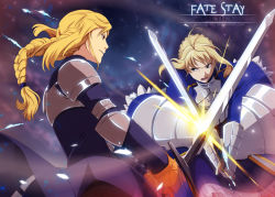 Rule 34 | 2girls, agrias oaks, annria2002, armor, armored dress, artoria pendragon (fate), battle, blonde hair, braid, copyright name, crossover, excalibur (fate/stay night), fate (series), final fantasy, final fantasy tactics, green eyes, long hair, look-alike, multiple girls, saber (fate), single braid, sword, trait connection, watermark, weapon, web address