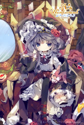 Rule 34 | 1girl, a&#039;s wonderland, ana (rznuscrf), black legwear, blue eyes, blunt bangs, bow, brick wall, clothes pin, copyright name, crossed legs, cup, flower, frilled hat, frills, gem, gothic lolita, grey hair, hair flower, hair ornament, hat, head rest, jitome, lolita fashion, mirror, original, oversized clothes, papers, pearl (gemstone), plant, rose, sitting, solo, stuffed animal, stuffed rabbit, stuffed toy, stuffing, teacup, throne, tiara, vial, vines, watermark, witch hat