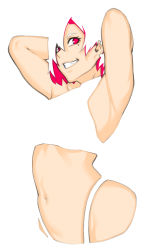 Rule 34 | 1girl, arms up, bikini, dyun, highres, mole, mole under eye, multicolored hair, navel, original, pink eyes, pink hair, short hair, simple background, smile, solo, swimsuit, teeth, white background, white hair