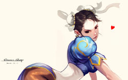 Rule 34 | 1girl, 2012, arched back, brown hair, bun cover, china dress, chinese clothes, chun-li, dated, double bun, dress, earrings, electric sheep, heart, jewelry, looking at viewer, pantyhose, sash, solo, street fighter