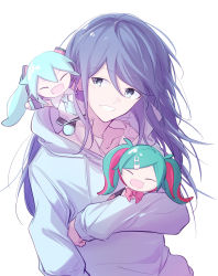 Rule 34 | 1girl, ^ ^, absurdres, arm at side, black hair, blue eyes, blue hair, blue hoodie, blue necktie, character doll, closed eyes, collarbone, dot nose, drawstring, green hair, hatsune miku, head tilt, headset, hibioes, highres, hood, hood down, hoodie, hoshino ichika (project sekai), leo/need (project sekai), leo/need miku, light blush, long hair, multicolored hair, neck ribbon, necktie, hugging object, paperclip hair ornament, pink hair, pink ribbon, project sekai, ribbon, sideways glance, simple background, smile, solo, streaked hair, swept bangs, tsurime, twintails, upper body, vocaloid, white background