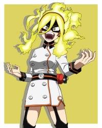Rule 34 | 1girl, belt, black belt, black mask, black thighhighs, boku no hero academia, border, breasts, burnin (boku no hero academia), buttons, claws, clenched hands, collared dress, crazy eyes, crazy smile, domino mask, double-breasted, dress, eyebrows visible through mask, eyelashes, fangs, female focus, fiery hair, fire, fire extinguisher, gradient hair, green background, green hair, hair between eyes, hairband, hands up, kamiji moe, large breasts, legs, long hair, long sleeves, looking at viewer, mask, multicolored hair, neck, open mouth, short dress, side slit, sidelocks, smile, standing, thigh strap, thighhighs, thighs, tight clothes, tight dress, white border, white dress, yellow eyes, ysd2552