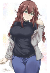 Rule 34 | 1girl, black sweater, blue pants, braid, breasts, brown hair, denim, gakky, green eyes, highres, jeans, kantai collection, large breasts, long hair, noshiro (kancolle), official alternate costume, one-hour drawing challenge, pants, ribbed sweater, simple background, solo, sweater, swept bangs, twin braids, white background