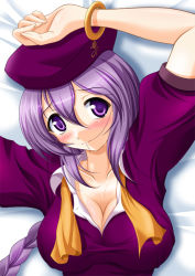 Rule 34 | 00s, 1girl, blush, bracelet, braid, breasts, cleavage, hat, jewelry, large breasts, melty blood, mouth hold, open clothes, open shirt, purple eyes, purple hair, shirt, sion eltnam atlasia, solo, tsukihime, yukimura, yukimura1130